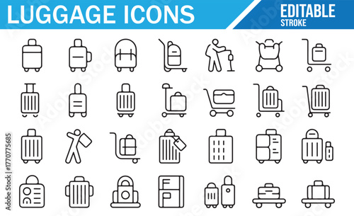 Linear suitcase and travel bag icon set – modern outline collection for design projects