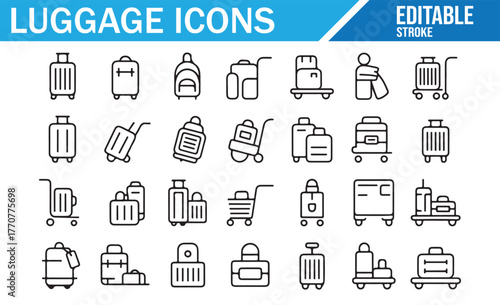 Editable stroke luggage icons – minimalist outline symbols for travel and transportation themes