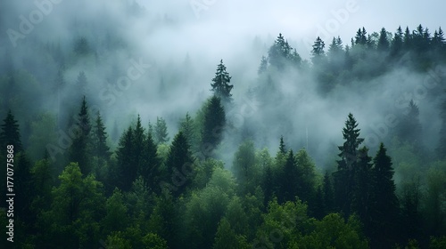 A dense forest stands veiled in mist, with trees reaching towards the sky in this serene natural landscape