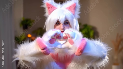 Mysterious person with white hair and furry attire, holding an animal paw pillow in a dimly lit setting. Captivating and enchanting costume.