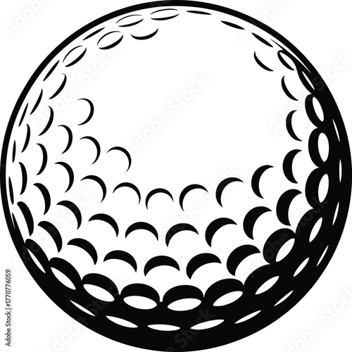 Golf ball, sports equipment, black and white, abstract dimples, spherical shape, artistic design, vector illustration, golf texture, isolated object