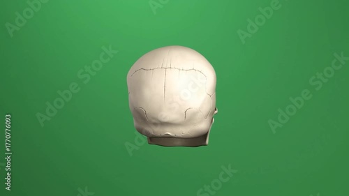 Skull study: Anatomic skull rendered in matte gray against a green background. A reminder of mortality and the beauty of anatomical structures.