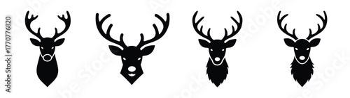 reindeer head silhouette vector icons collection isolated on white background.Christmas Vector Icon Set.