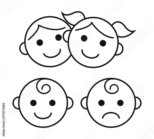 Suitable for babies, children, adults label icon set. Kids and child friendly icons. Baby safe approved. Suitable for kids logo, badge, sign, symbol isolated on white background. Vector illustration.