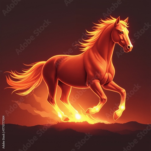 A red horse with fiery on a dark background.