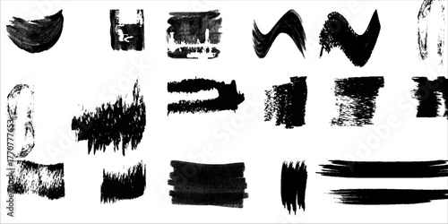 Vector Collection Ink Design Elements. Dry Brush Marks, Splashes and Textures. Set of Artistic Black Paint Hand Made Creative Background.