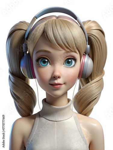 3D girl with ponytails in big headphones listening to music on white background, teenager, 3D rendering illustration, kid
