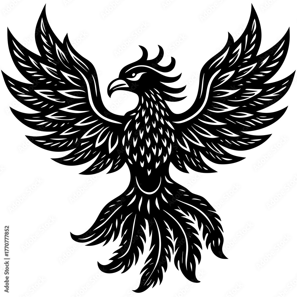 Obraz premium Black silhouette of a mythical bird with wings spread open isolated on white background