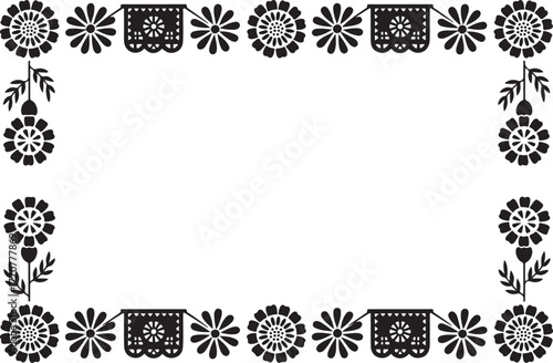 Monochrome Stylized Folk Art Rectangular Frame with Papel Picado Flags and Geometric Floral Elements