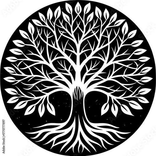 Stylized white tree of life with intricate branches and roots isolated on white background
