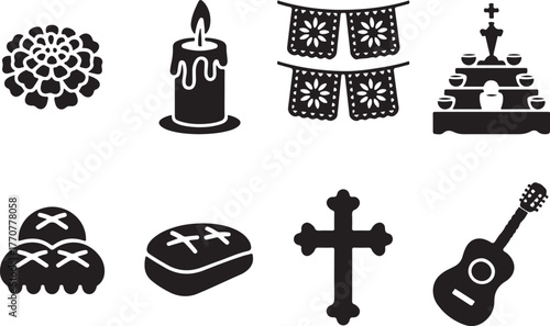Monochrome Icon Set Featuring Day of the Dead Marigold, Candle, Papel Picado, Cross, and Pan de Muerto