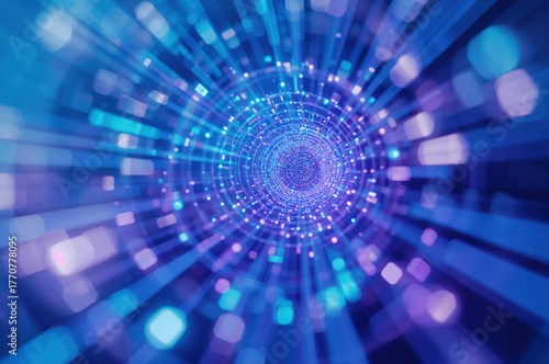 Digital tunnel of glowing blue and purple data streaming through virtual space