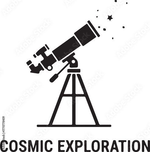 Black silhouette of a telescope on a tripod with stars and a starburst astronomy space