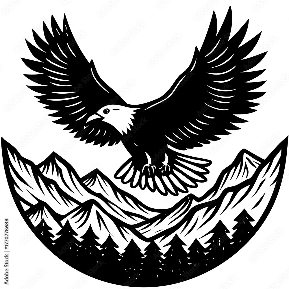 Obraz premium Majestic bald eagle soaring over snowy mountains and pine forest isolated on white background