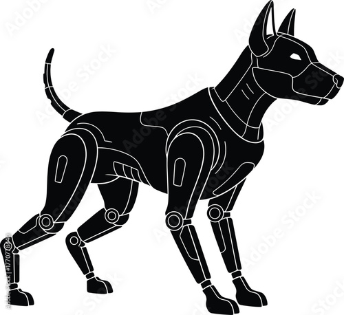 Black robotic dog illustration on white background, robot dog, mechanical dog, cyborg dog, futuristic pet, artificial intelligence, ai, technology, science fiction, black and white, silhouette, outlin