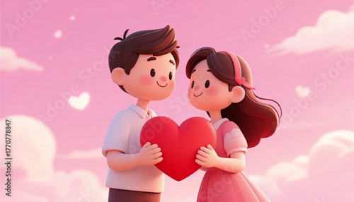 Cartoon couple holding red heart under pink romantic sky