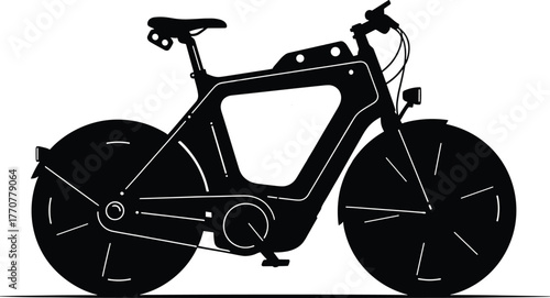 Black silhouette of a modern electric bicycle with open frame, electric bicycle, ebike, bike, bicycle, silhouette, black, white background, vehicle, transportation, modern, futuristic, technology, urb