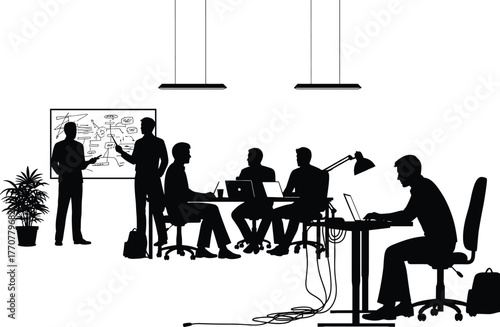 Business meeting and brainstorming session with silhouettes meeting, business, conference, illustration, business, plant, corporate, strategy, room, office, vector, gathering, backpack, culture, white
