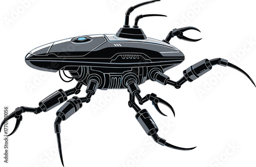 Dark robotic spider with articulated legs and claws robot, spider, mechanical, dark, surveillance, exploration, illustration, reconnaissance, creature, vector, legs, autonomous, sleek, spider, insecto