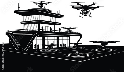 Drone landing pad with control tower and flying drones, drone, unmanned aerial vehicle, uav, drone landing pad, helipad, control tower, airport, aviation, technology, future, automation, delivery, sur