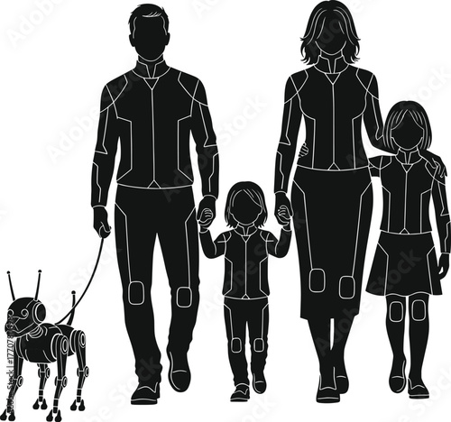 Futuristic family with robot dog on white background family, robot, android, cyborg, illustration, scene, creation, vector, artificial, together, black, android, cyborg, background, people, lifestyle,