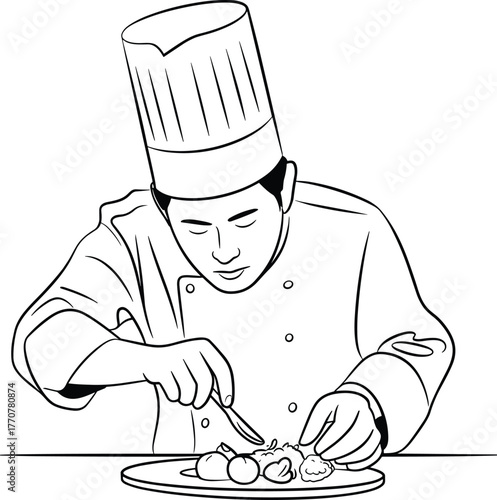 Chef, plating, food, culinary, kitchen, gourmet, cook, dish, presentation, precision, fork, utensil, restaurant, elegant, cuisine, skill, garnish, fine, dining, art