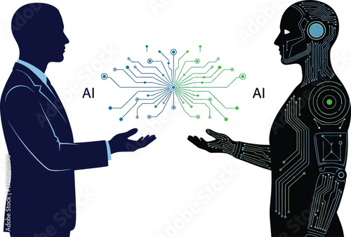 Human and AI interaction with circuit board connection, artificial intelligence, ai, human, robot, android, technology, future, connection, network, circuit board, data, information, communication, co