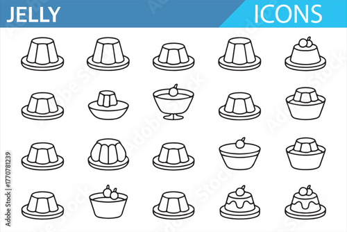 Modern line dessert icons – jelly, fruit pudding, and confection symbols