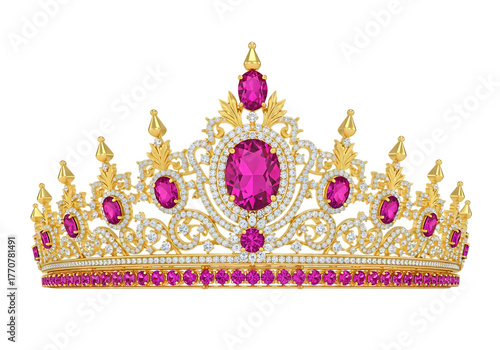 Ornate golden crown with large pink gemstones and intricate detailing isolated on transparent background