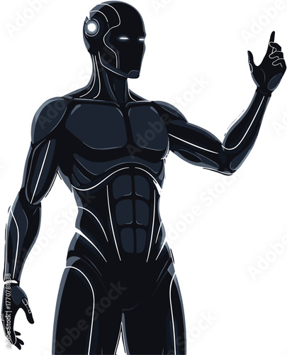 Muscular humanoid robot with glowing eyes and raised hand robot, android, humanoid, illustration, eyes, gesture, hand, vector, machine, black, muscular, body, android, cyborg, lines, sleek, background