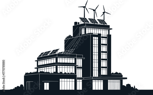 Modern building with solar panels and wind turbines, building, architecture, modern, office, skyscraper, renewable energy, solar panel, wind turbine, green energy, eco friendly, sustainable, technolog