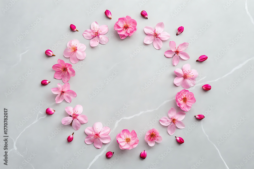 Obraz premium “Cherry Blossom Circle Illustration – Symmetrical Ring of Pink Flowers and Buds on Elegant Marble Background for Spring, Nature & Floral Design”
