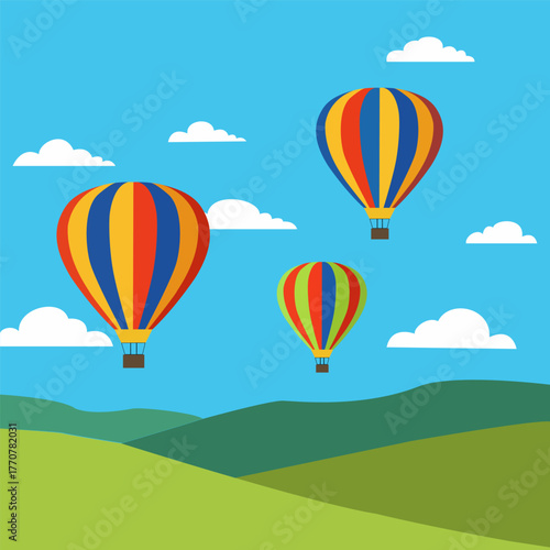 Hot air balloons flying over green hills on a bright sunny day