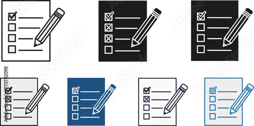 Checklist and pencil icons in various styles and colors, representing tasks, surveys, and todo lists