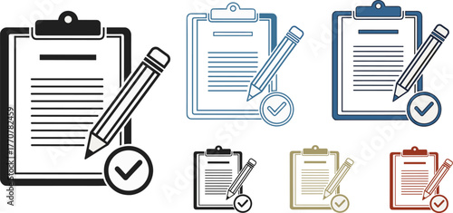Various icons depicting a clipboard with a pencil and checkmark, representing tasks, completion, and verification