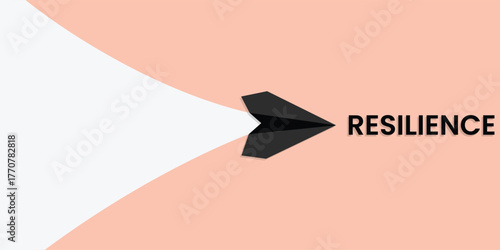 Minimalist resilience concept with black paper airplane symbolizing strength, determination, perseverance, leadership, and success in challenging times