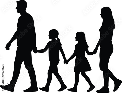 Family silhouette vector of two adults and two children walking