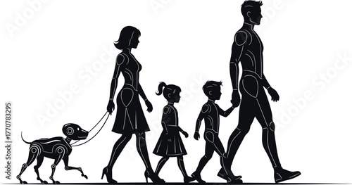 Robotic family with dog and children walking family, robot, android, cyborg, dog, pet, illustration, scene, creation, vector, artificial, children, together, black, android, cyborg, walking, robotic, 