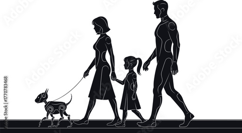 Robotic family with dog walking on white background family, robot, android, cyborg, together, illustration, scene, category:, creation, vector, artificial, black, android, cyborg, walking, robotic, ba