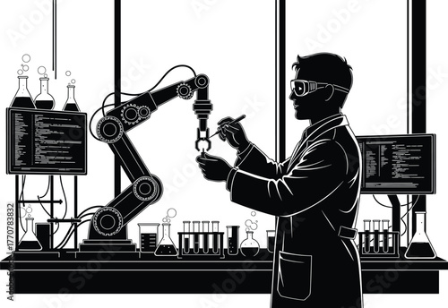 Scientist and robotic arm with monitors and glassware, science, laboratory, scientist, robotic arm, automation, research, experiment, technology, innovation, future, chemistry, biology, medicine, engi