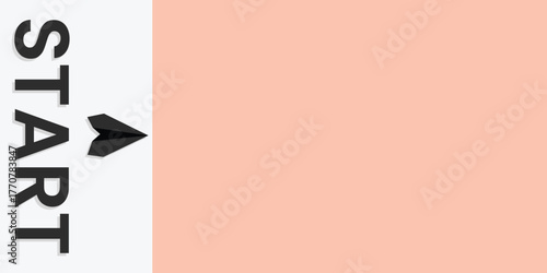 Start concept vector with paper airplane launching from text on pastel background, symbolizing new beginnings, motivation, ambition, leadership, progress, and success.