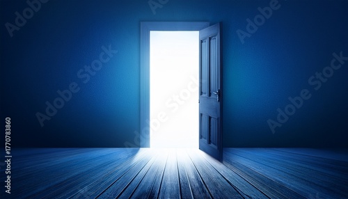 dark blue room with door opening to the light concept of opening mind find the hopes or find new chance