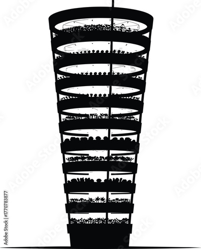 Silhouette of a Tiered Vertical Farm Structure vertical farm, agriculture, farming, plants, greenhouse, illustration, farm, green, harvest, renewable, security, building, vector, compact, levels, urba