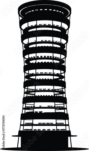 Tall Vertical Farm Tower Silhouette With Crops vertical farm, agriculture, farming, plants, greenhouse, illustration, levels, farm, green, harvest, renewable, security, building, vector, compact, urba