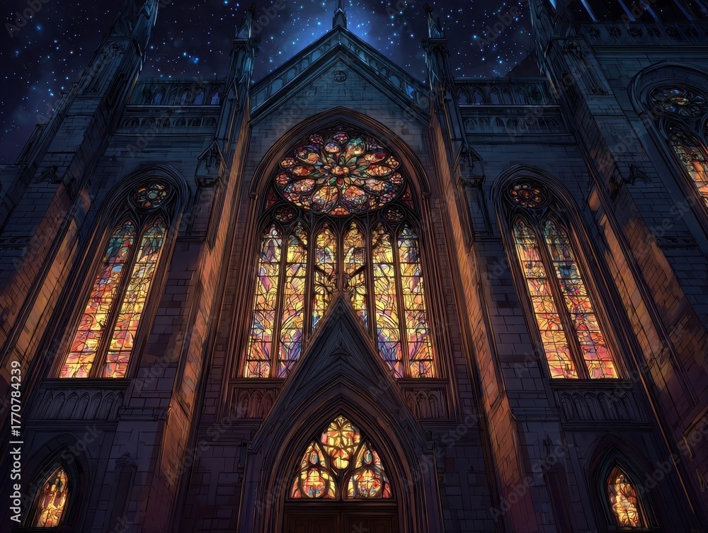 Fototapeta premium Gothic Cathedral Facade Night Sky Stained Glass Rose Window Intricate Detail Historic Architecture Illuminated Exterior