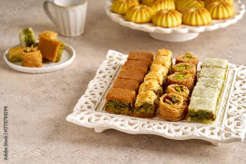 Traditional turkish, arabic sweets baklava assortment with pistachio