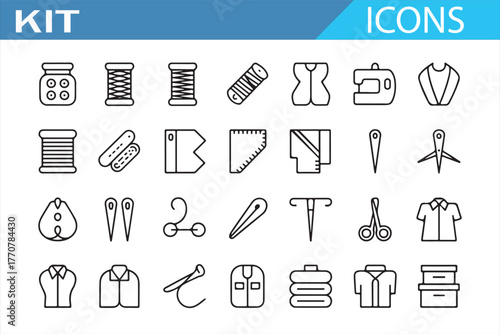Minimalist sewing outline icons – thread, needles, and fabric linear collection