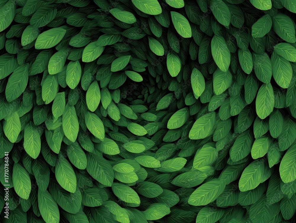 Naklejka premium Abstract Green Leaf Vortex Pattern - Dynamic Swirling Foliage Tunnel with Rich Tones and Textured Veins, Organic Nature Background