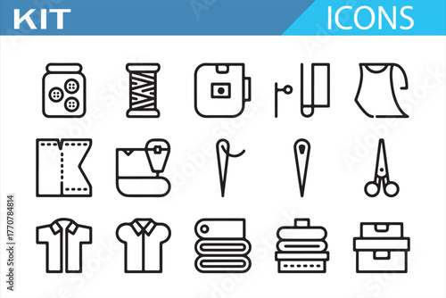 Vector set of sewing tools – line art of buttons, scissors, and thread spools