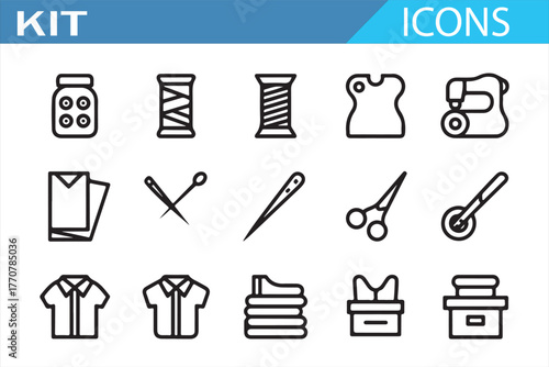 Tailoring and sewing outline icons – thread, fabric, and fashion design symbols